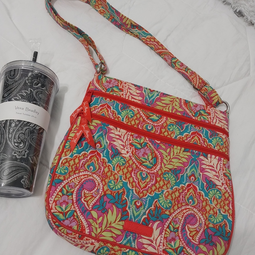 Vera Bradley Women's Multicolor Crossbody Bag and  New Travel Tumbler